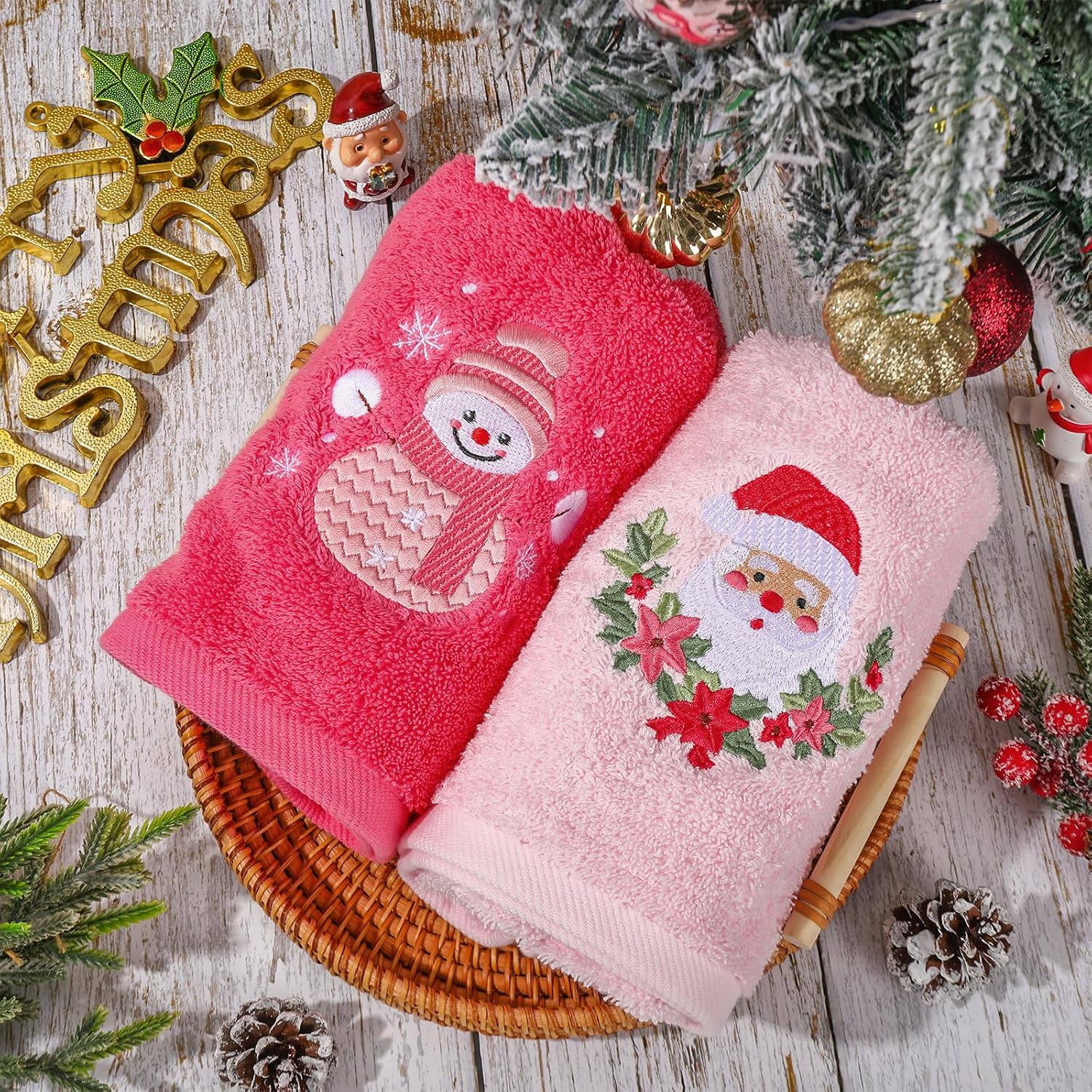 3Pcs Christmas Pink Hand Towel Set Cotton Xmas Tree Santa Snowman Bathroom Towel 29.5 x 13.7 Inch Pink Xmas Decorative Kitchen Dish Towels for Drying Cleaning Cooking Home Decor - Image 4
