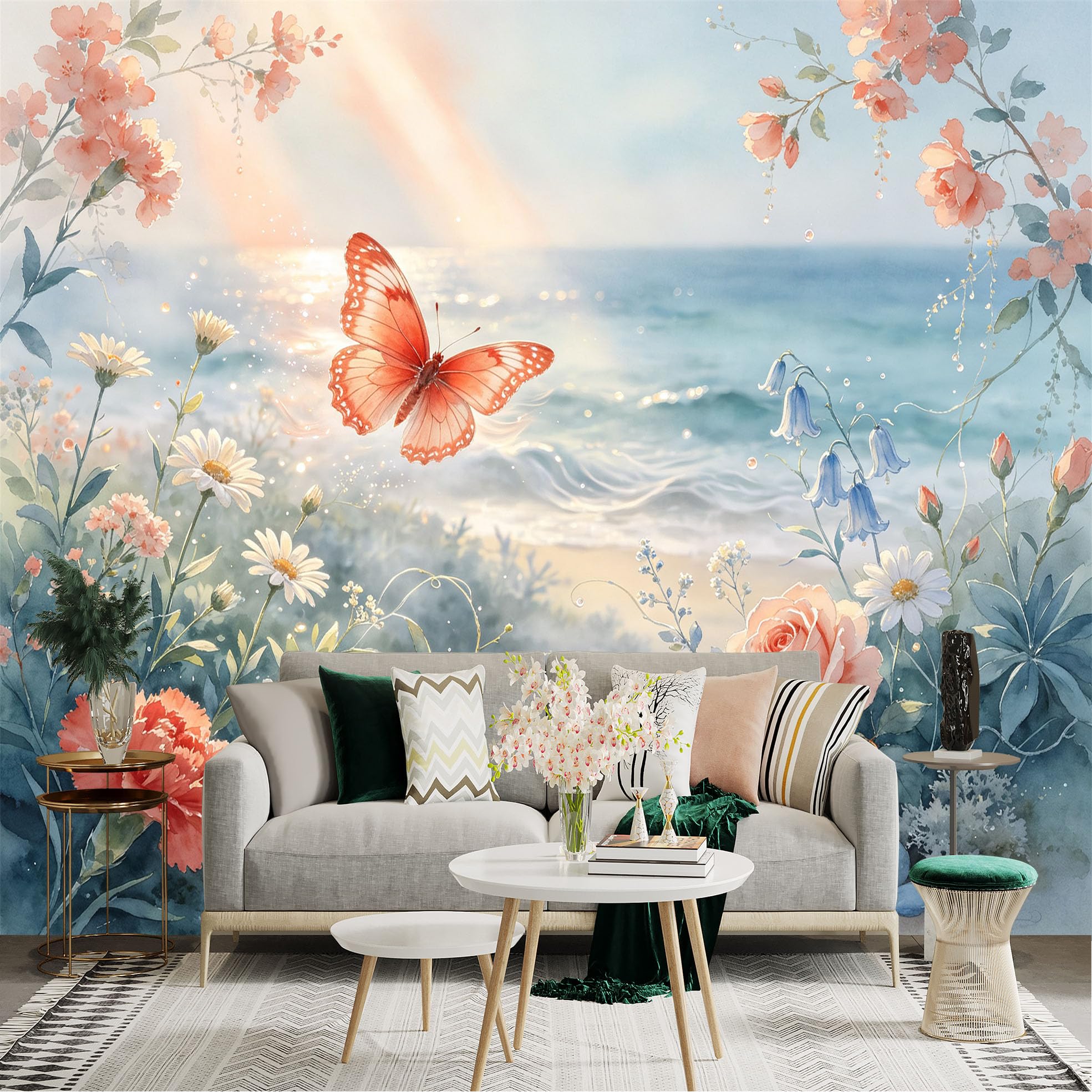 Lnzczhyre Bh260719031 Custom Size Wall Sticker Mural， Orange Butterfly， Sea Beach Scenery， Blooming Flowers， Soft Sunlight， For Wall Decoration， Peelandstick Wall Decals.