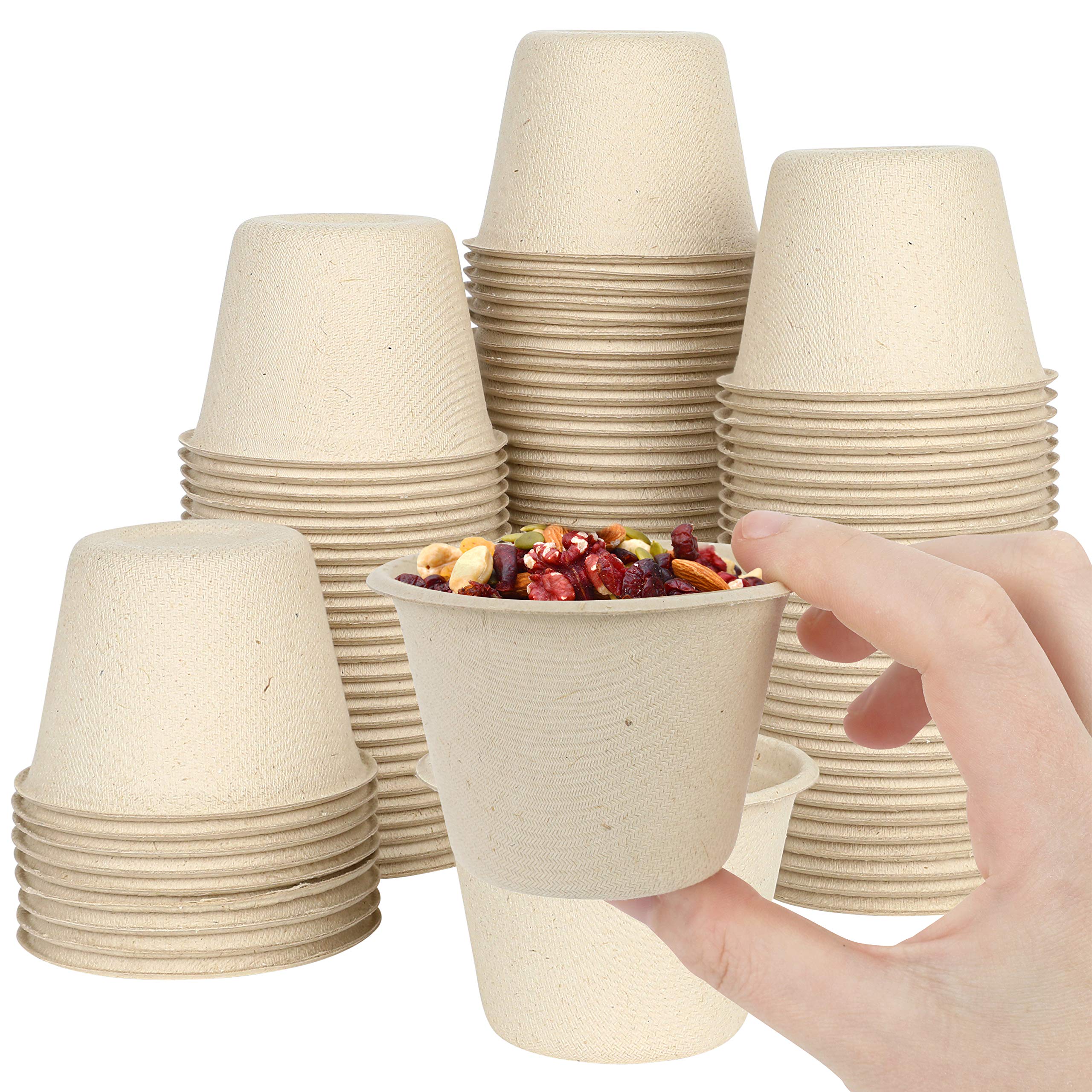 brheez 4 oz Disposable Bagasse Fiber Souffle Cups 100% Natural, Biodegradable & Compostable | Perfect for Condiments, Small Portion & Samples Eco Friendly Paper Alternative - Natural [Pack of 20