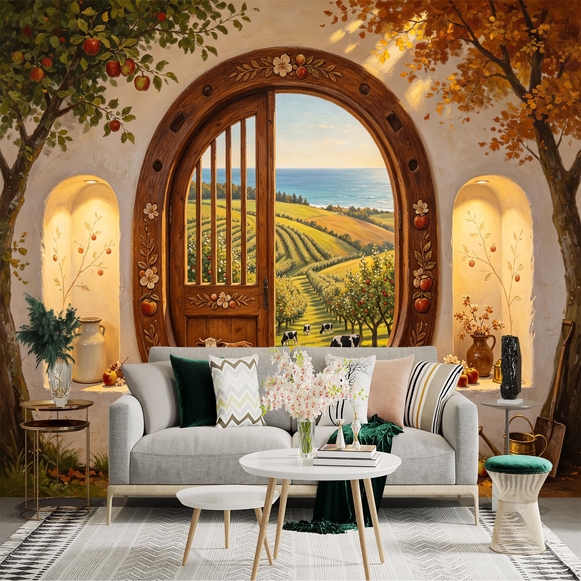 Custom Size Wall Sticker Mural， Rustic Farmhouse Door， Countryside Orchard， Pastoral Landscape， Autumn Trees， for wall Decoration， peelandstick wall Decals.