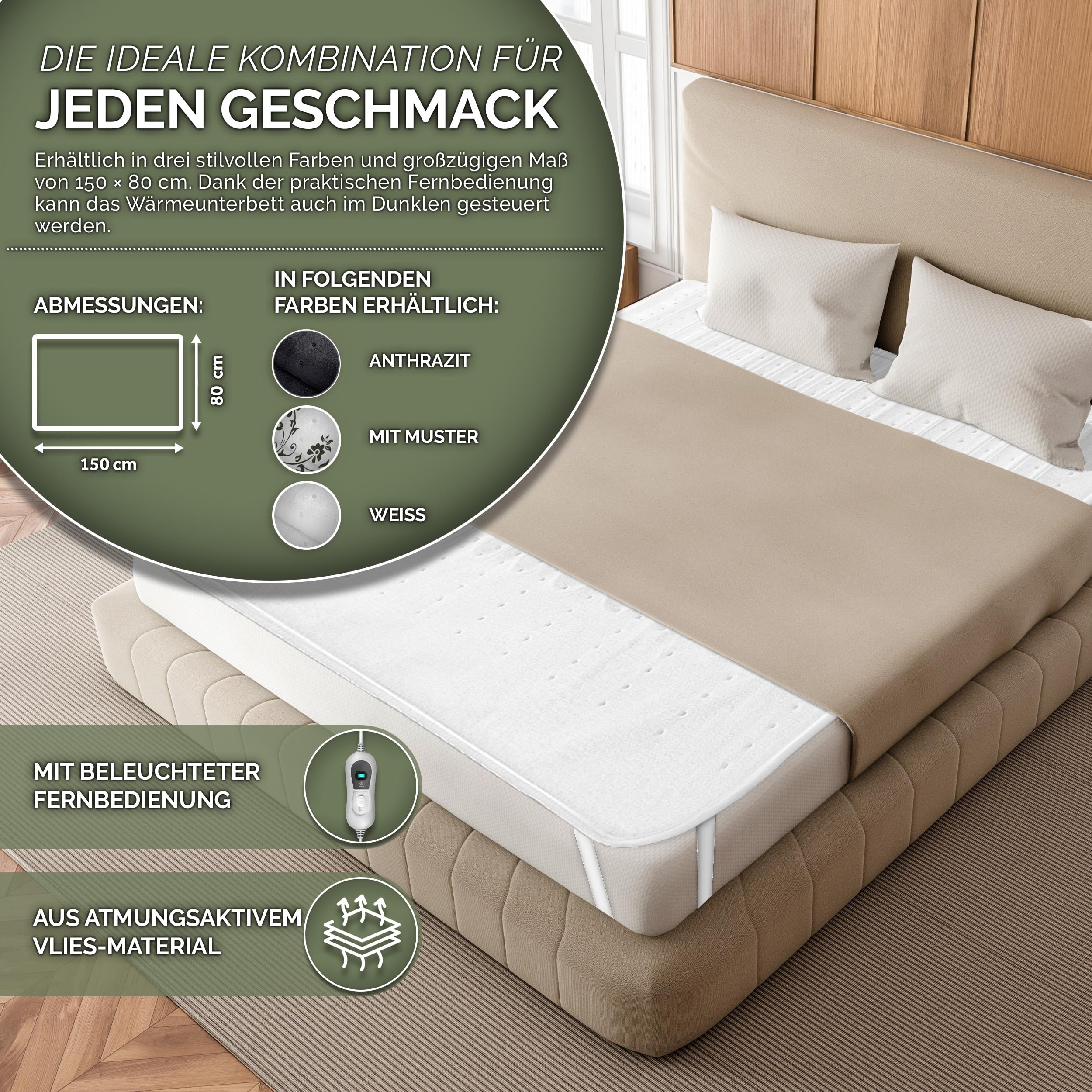 sinnlein Wärmeunterbett 150x80cm mit Abschaltautomatik | Heizdecke mit 3 Temperaturstufen | Wärmebettunterlage fürs Bett | Wärmedecke aus weichem Vlies
