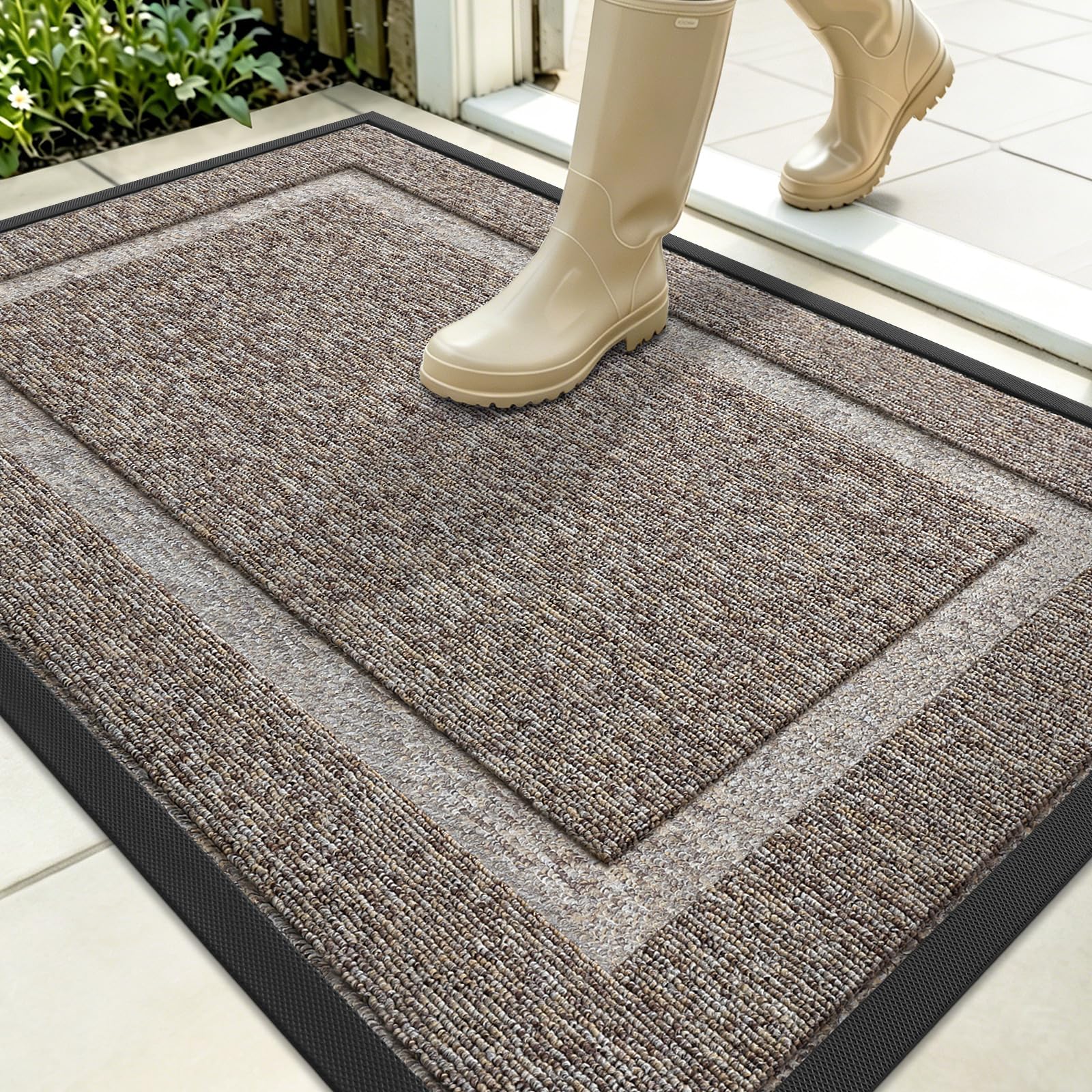 OLANLY Front Door Mat Outside 35x23, All-Season Heavy-Duty Rubber Doormat | Khaki and White, Absorbent, Stain and Fade Resistant, Non-Slip Backing, Low-Profile Indoor Outdoor Floor Mat for Entryway