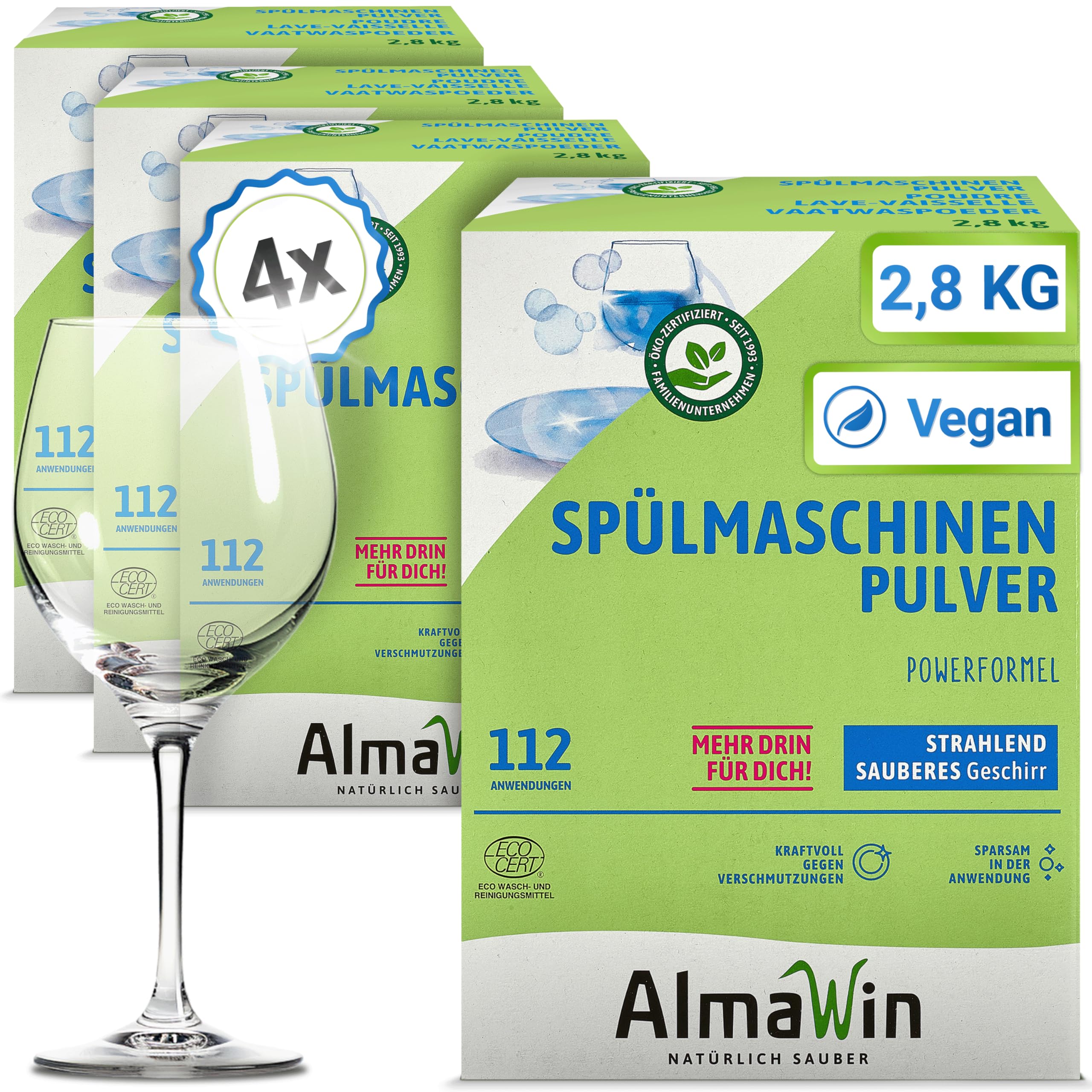 AlmaWin® Spülmaschinen Pulver mit Powerformel für strahlend sauberes Geschirr [4x 2,8kg - 448 Anwendungen] - Kraftvolles Geschirrspülmittel Pulver - Ohne Phosphate, Öko & VEGAN, Dishwasher Powder