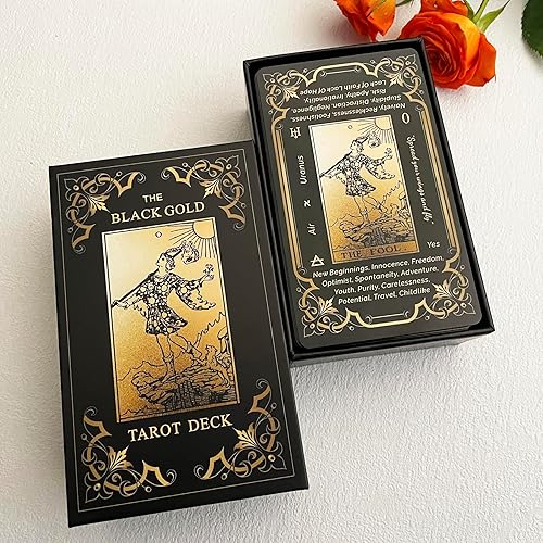 Miniatura 7 de Juego de cartas de tarot de oro negro, cartas de tarot para principiantes con significados, cubierta de bordes dorados dorados con libro guía