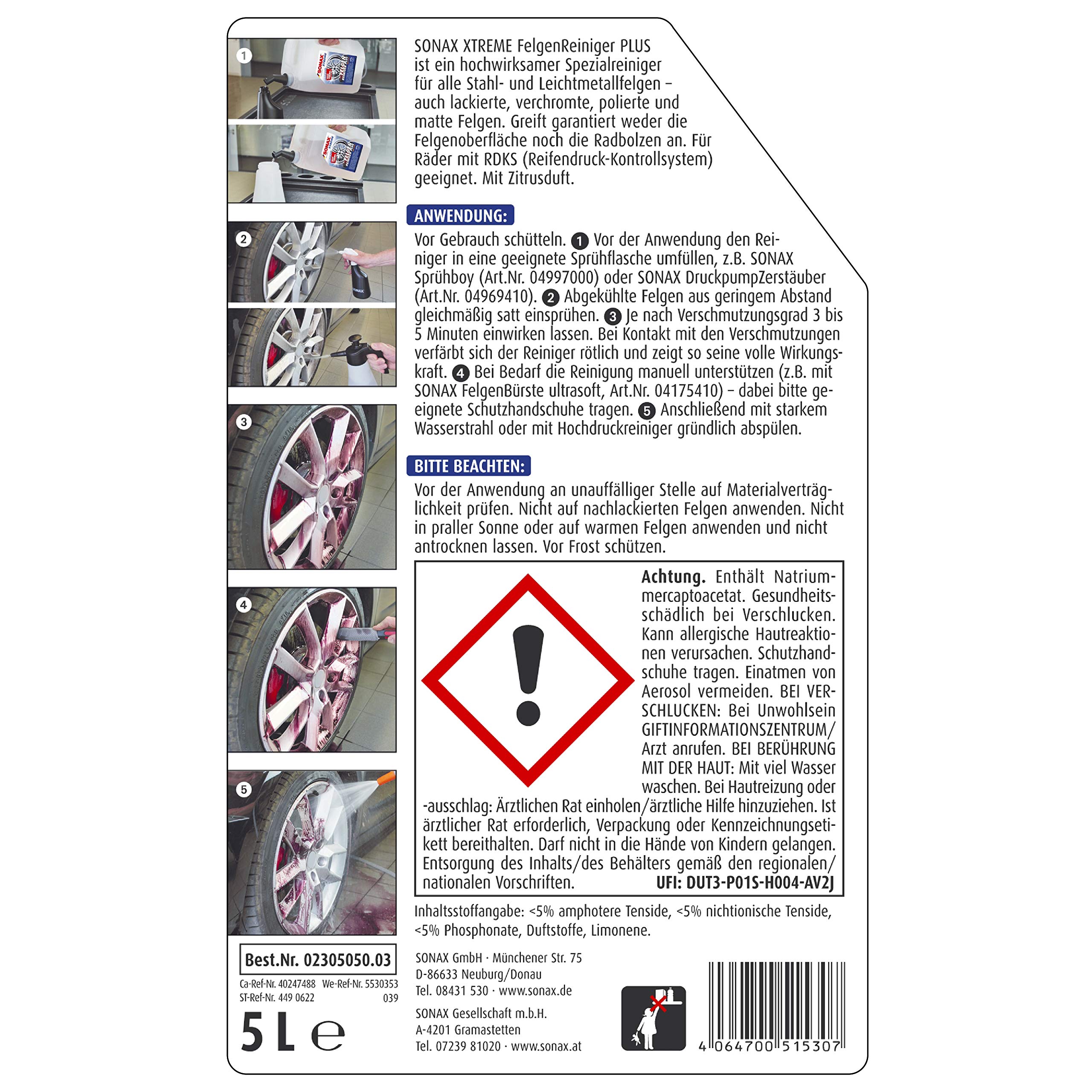 SONAX XTREME Felgenreiniger PLUS (5 Liter) & FelgenBürste (1 Stück) zur Entfernung von hartnäckigen und schwer zugänglichen Verschmutzungen von Stahl- und Alufelgen | Art-Nr. 04179000