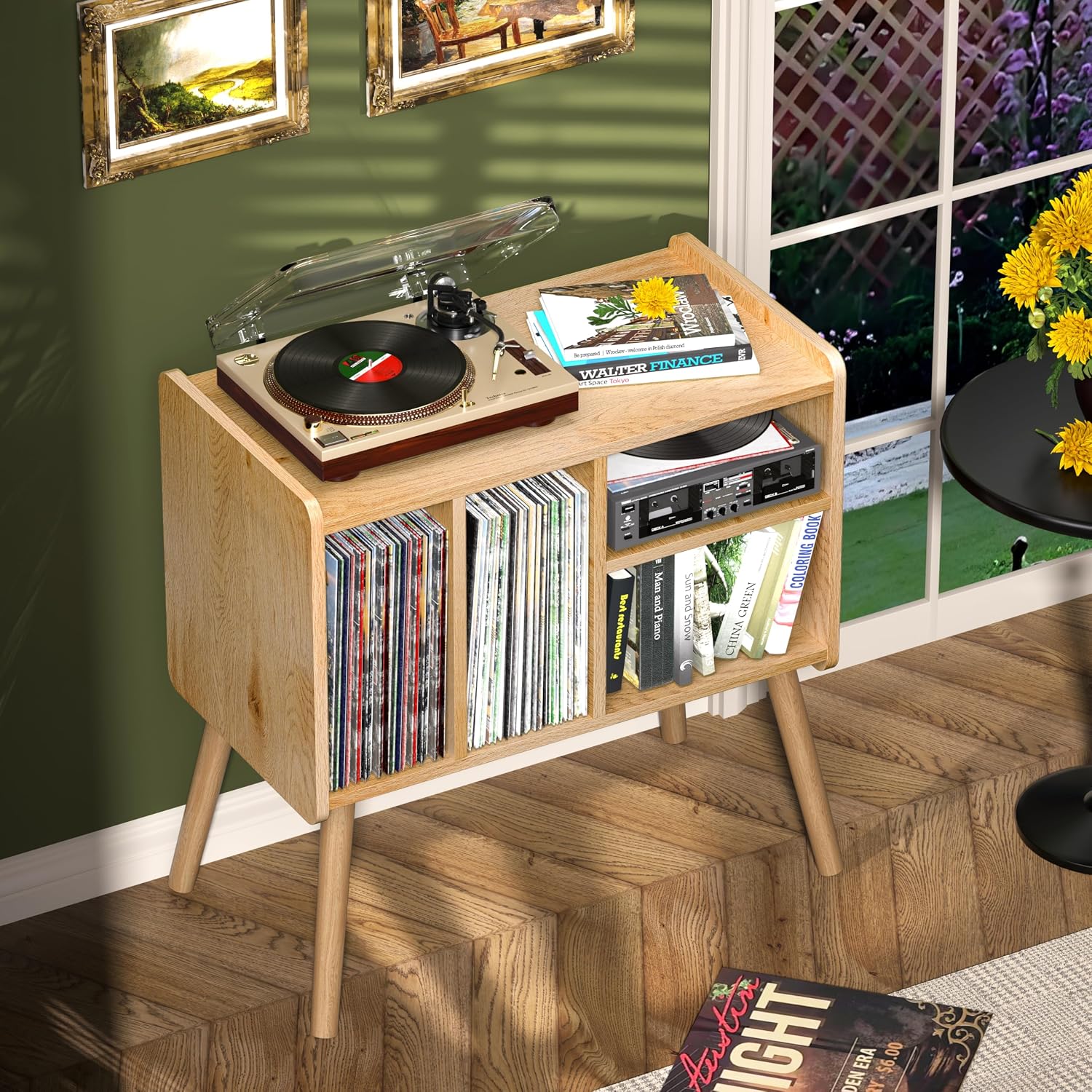 Record Player Table, Mid-Century Record Player Stand with Vinyl Storage Hold Up to 150+ Albums, Vinyl Record Cabinet with Adjustable Shelves, Wood Turntable Stand for Music Living Room (Nature)