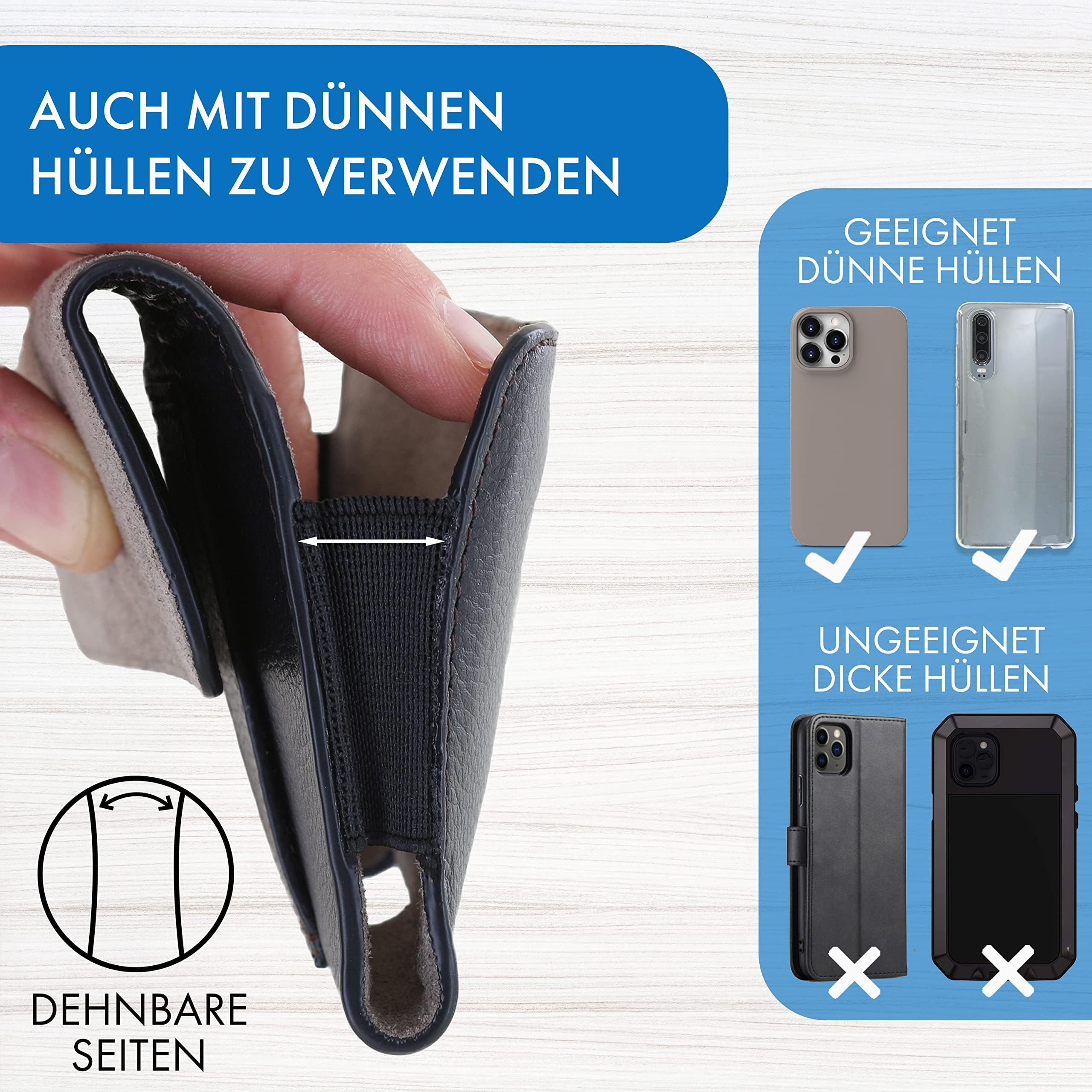 Handy Gürteltasche - universal quer Handytasche Größe 5XL - speziell für Herren Designed - Gürtel Handy Tasche mit Fester Gürtelschlaufe - Leder Smartphonetasche in schwarz