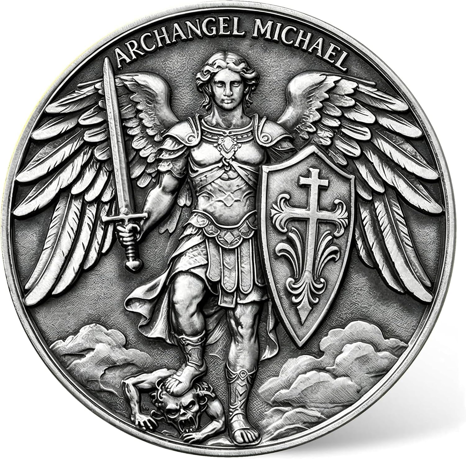 Archangel Michael Challenge Coin with Protective Case - High Relief Zinc Alloy Religious Collectible, Christian Prayer Token for Faith, Protection & Spiritual Strength (1.57")