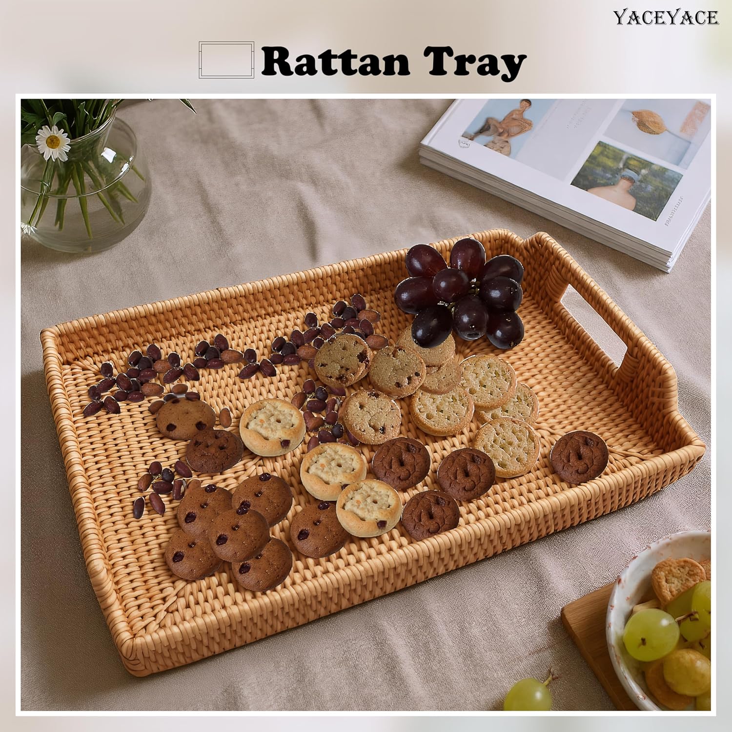 Rattan Tray, YACEYACE Woven Tray with Handles Bulk, Rectangular Small Rattan Serving Trays for Home, Ottoman, Coffee Table, 13.3" H x 9.4" L x 1.6" W - Image 4