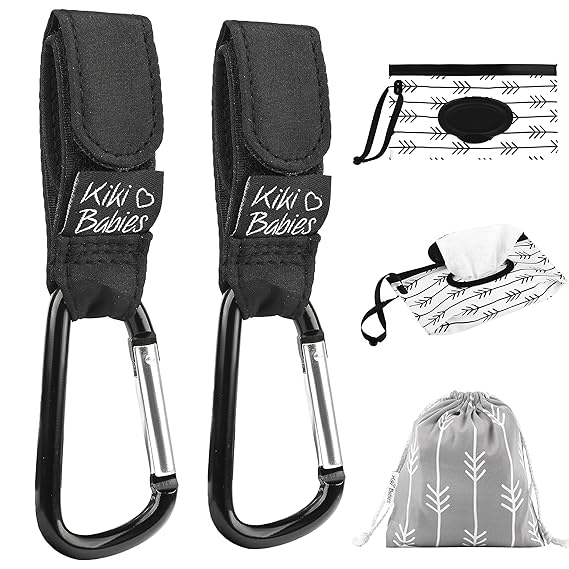 Stroller Hooks Set of 2  Stroller Clips for Diaper Bag with Included Baby Wipes Dispenser and Travel Bag  Durable Design with Metal Carabiner  Ideal for Purse, Stroller Organizer