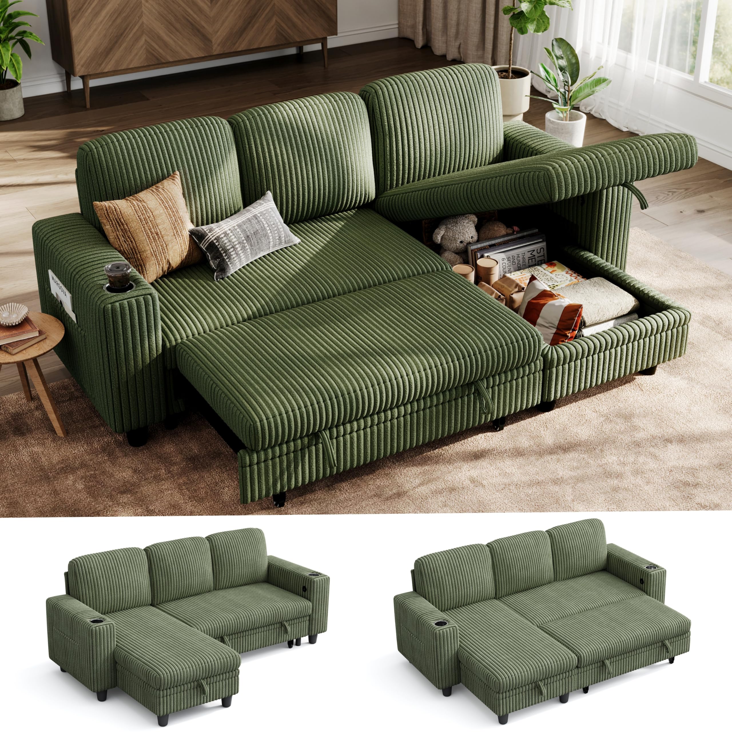 LINSY HOME Sectional Couch with Pull Out Bed Green