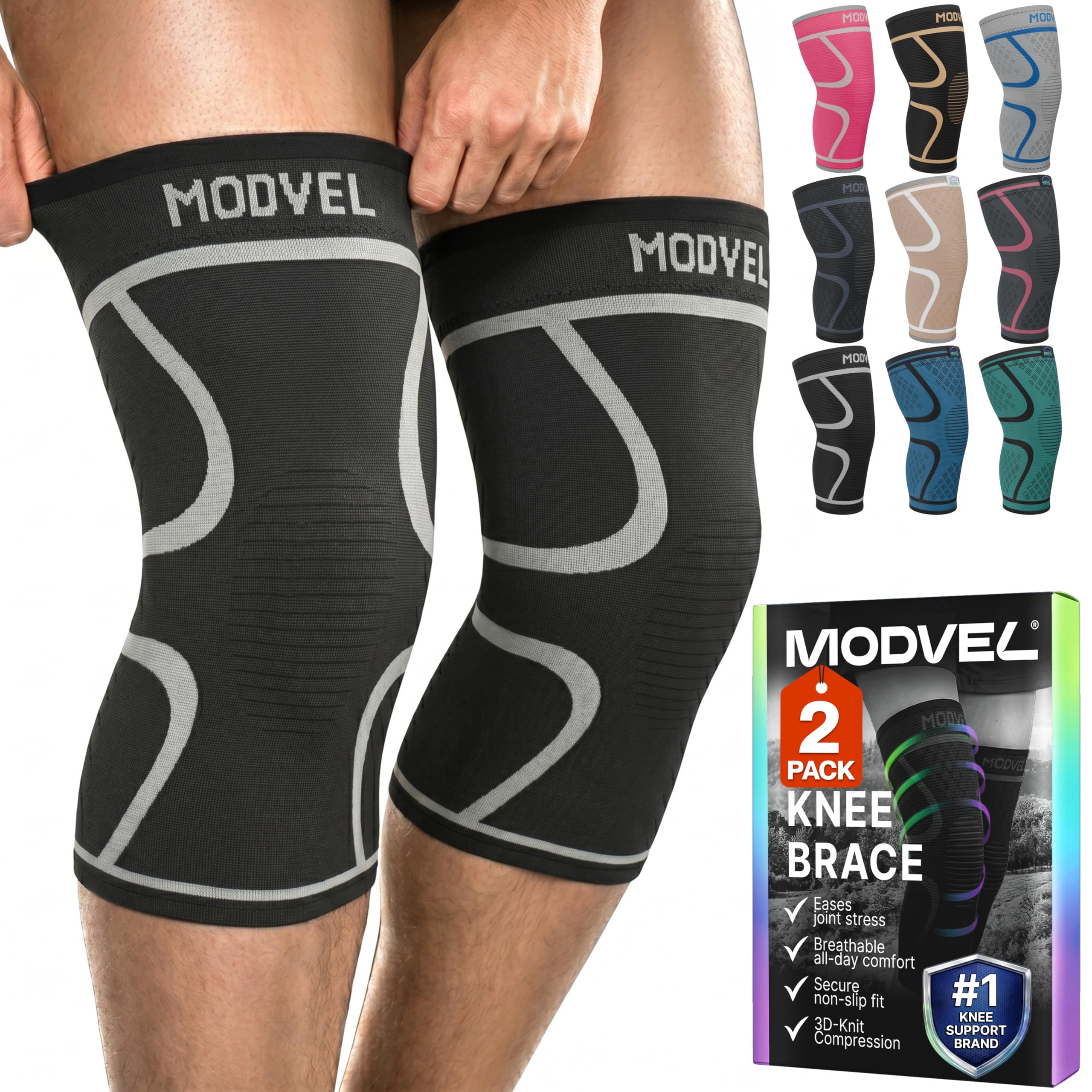 MODVEL Compression Knee Braces for Men & Women - XS to XXX-L Pair of Knee Braces for Knee Pain, Support Sleeve, Workout Sports Knee Braces for Meniscus Tear, ACL & Arthritis Pain Relief