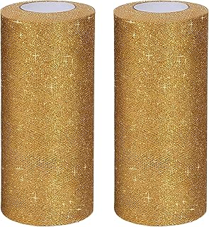 HANDI STITCH Nastro Organza Rotolo Tulle Oro (Set da 2) - 15 cm x 23 m per Rotolo Tulle Bobina - Nastro Tulle Glitterato per Decorazioni Feste, Matrimoni, Compleanni, tutù, Fiocchi e Fai da Te