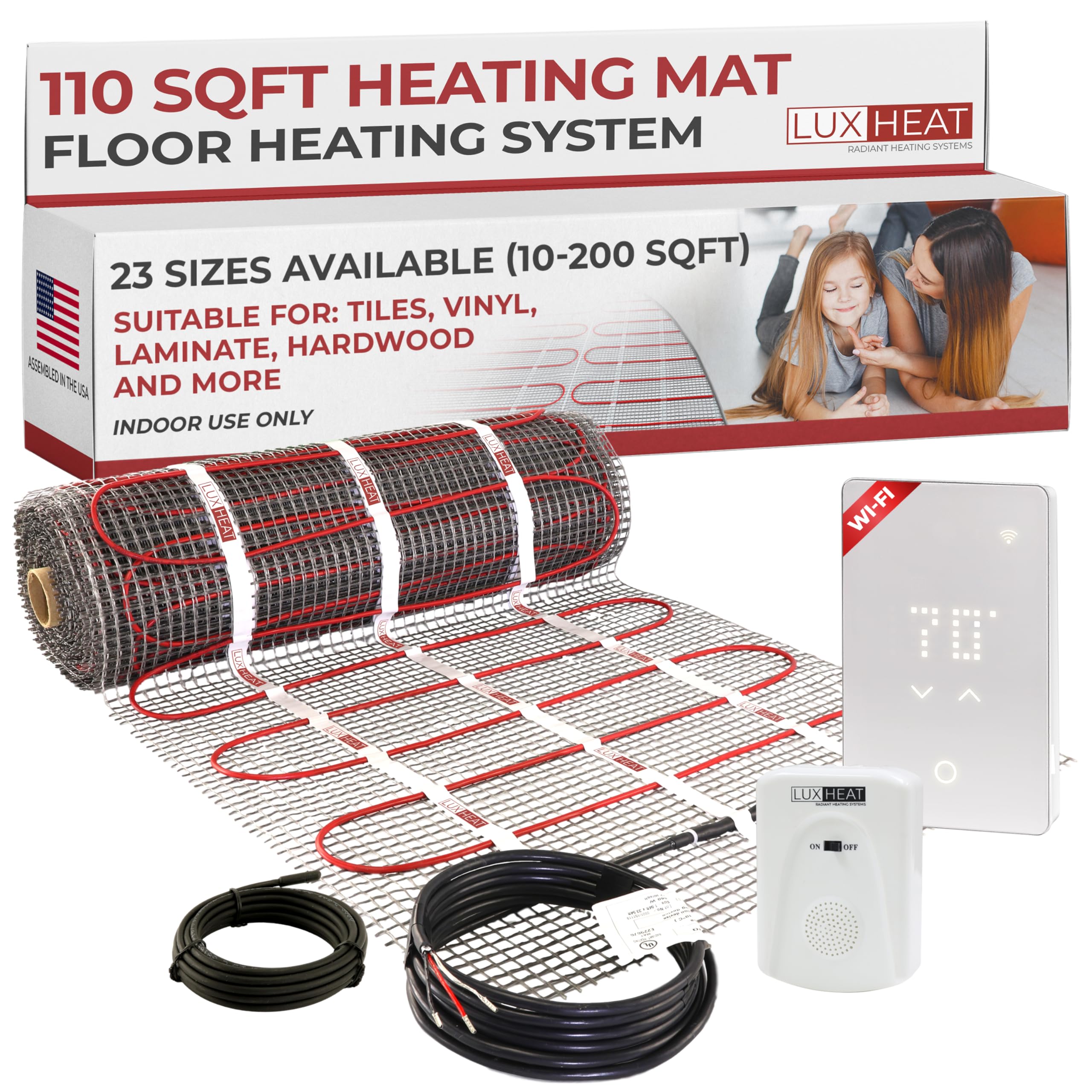 LuxHeat 110sqft Floor Heating Mat Kit - 120v Radiant Floor Heat System for Tile - Easy to Install Infloor Heat System - Includes UWG5 WiFi