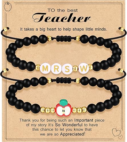 Teacher Appreciation Bracelet Gifts for Women Initial Beaded Bracelets Back to School Thank You Teacher Gifts 2pcs Link Bracelet New Teacher Graduation Gift Birthday Retirement Teachers' Day Jewelry