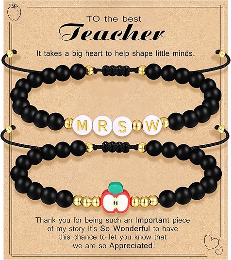 Teacher Appreciation Bracelet Gifts for Women Initial Beaded Bracelets Back to School Thank You Teacher Gifts 2pcs Link Bracelet New Teacher Graduation Gift Birthday Retirement Teachers' Day Jewelry