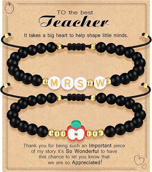 Teacher Appreciation Bracelet Gifts for Women Initial Beaded Bracelets Back to School Thank You Teacher Gifts 2pcs Link Bracelet New Teacher Graduation Gift Birthday Retirement Teachers' Day Jewelry