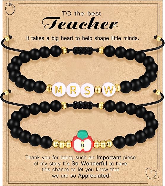Teacher Appreciation Bracelet Gifts for Women Initial Beaded Bracelets Back to School Thank You Teacher Gifts 2pcs Link Bracelet New Teacher Graduation Gift Birthday Retirement Teachers' Day Jewelry