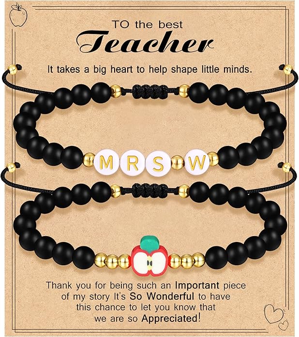 Teacher Appreciation Bracelet Gifts for Women Initial Beaded Bracelets Back to School Thank You Teacher Gifts 2pcs Link Bracelet New Teacher Graduation Gift Birthday Retirement Teachers' Day Jewelry