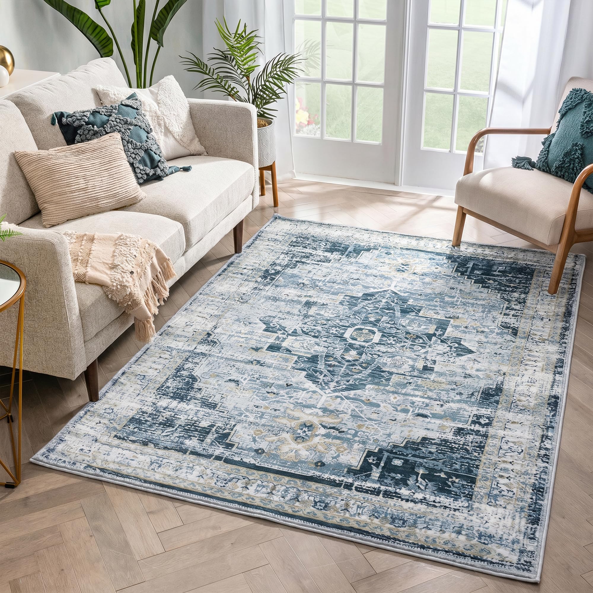 7x9 area rug for living room non slip low pile,washable 9 x 7 bohemian area rugs for bedroom indoor,7 foot by 9 foot boho ancient gray blue mix dining room carpet modern,7'ft x 9'ft office desk mat