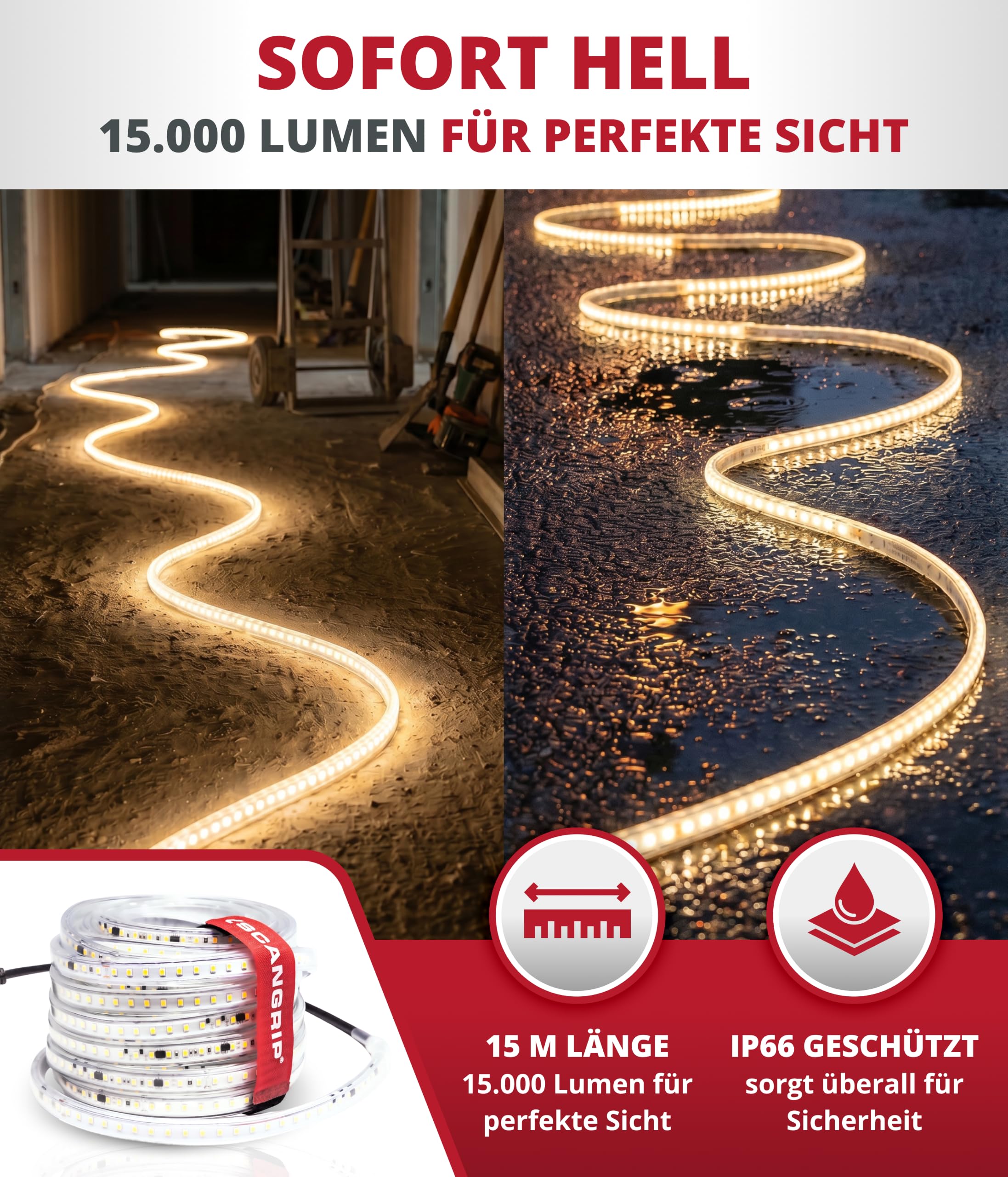 Scangrip® Rope Light, LED Lichtschlauch Baustelle 15m – 15000 Lumen, IP66, EMV-zertifiziert, TÜV geprüft, direkt anschließbar – Baustellenbeleuchtung & Lichtbandtrommel – für Profis