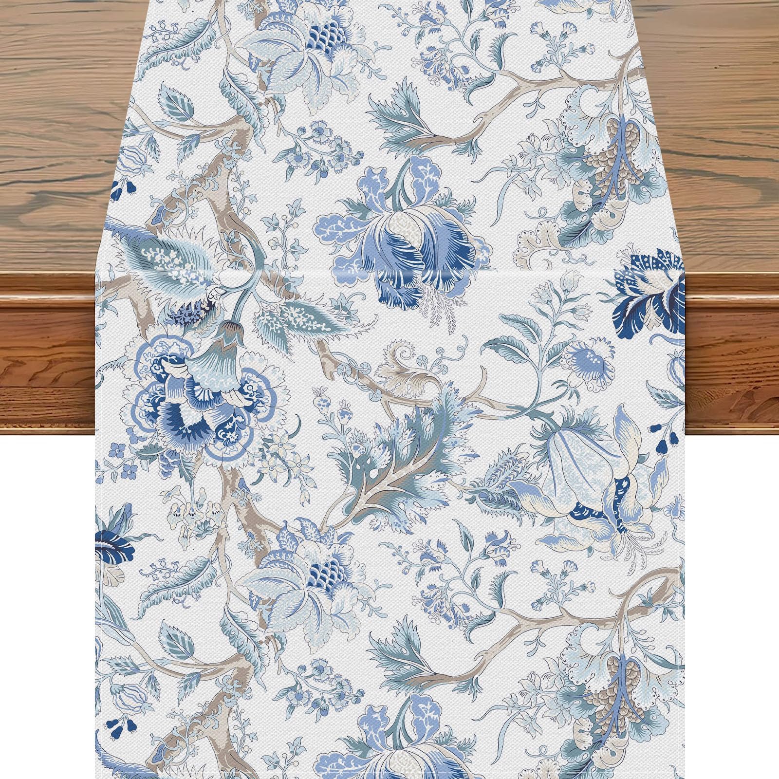 Snylcce Chinoiserie Blue & White Bird Floral Table Runner
