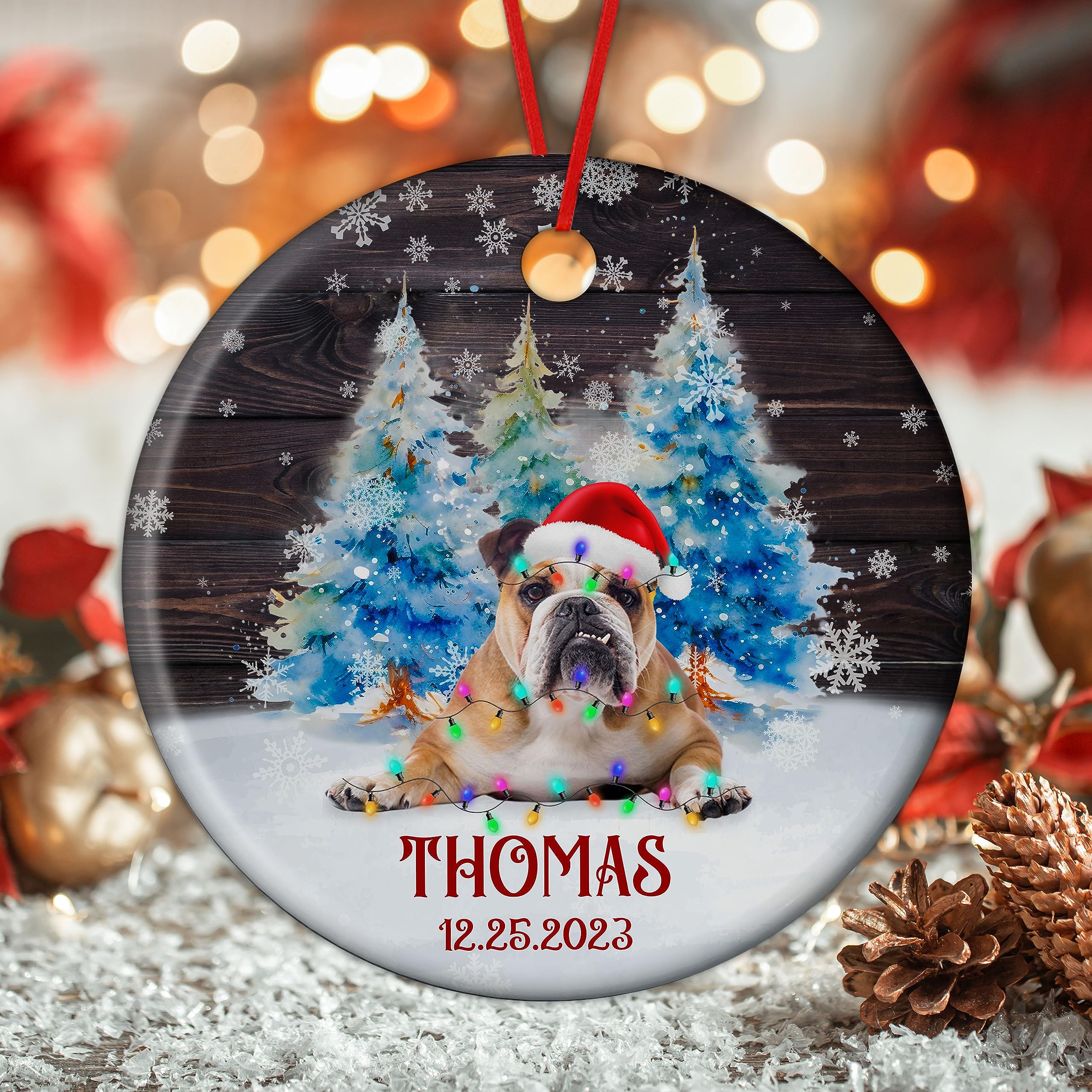 Prezzy American Bulldog Gifts Personalized Christmas Ornaments with Name & Date Custom Circle Ornament Merry Xmas Gift for Pet Lovers Animal Owners Hanging Decorations for Home Keepsake Ceramic 3''