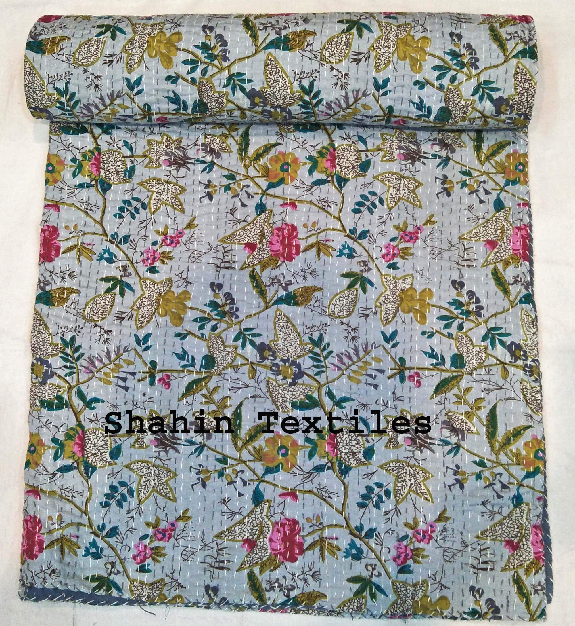 TI AMO Handmade Multi Color Printed Kantha Quilt 60x90 Inch Kantha Coverlet Throw Kantha Gudari-image-43