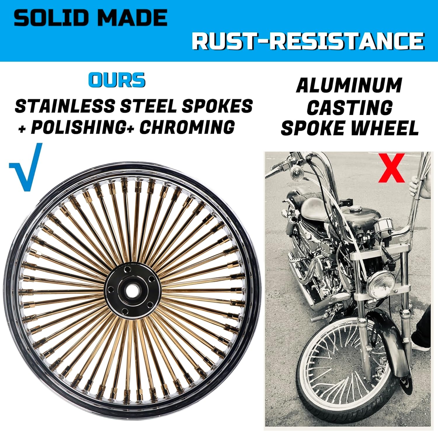 FatFlex 18" Rear Wheel Golden Fat Spokes Chrome 3.5" Rim for 00-07 Harley Dyna/Softail/Touring – Dual Bearing (1" & 3/4") w/Reducer, Classic Vintage Style