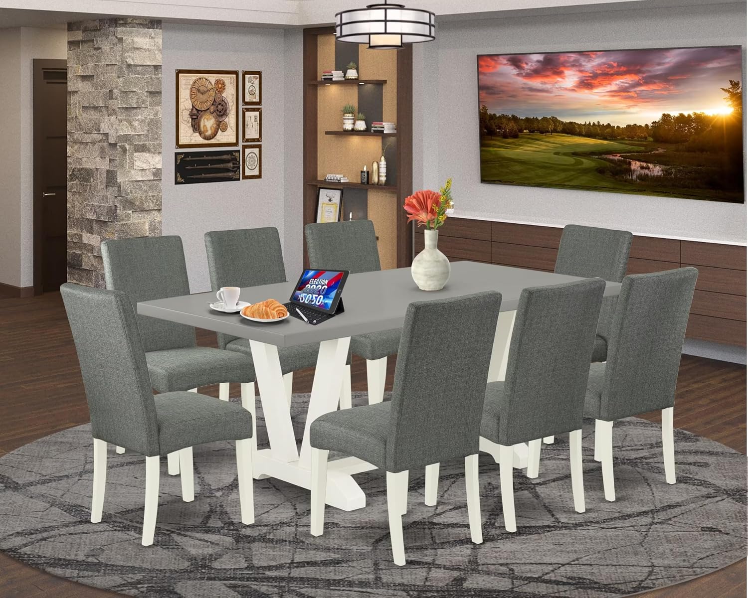 East West Furniture V097DR207-9 9 Piece Dining Set Includes a Rectangle Dining Room Table with V-Legs and 8 Gray Linen Fabric Upholstered Parson Chairs, 40x72 Inch, Multi-Color