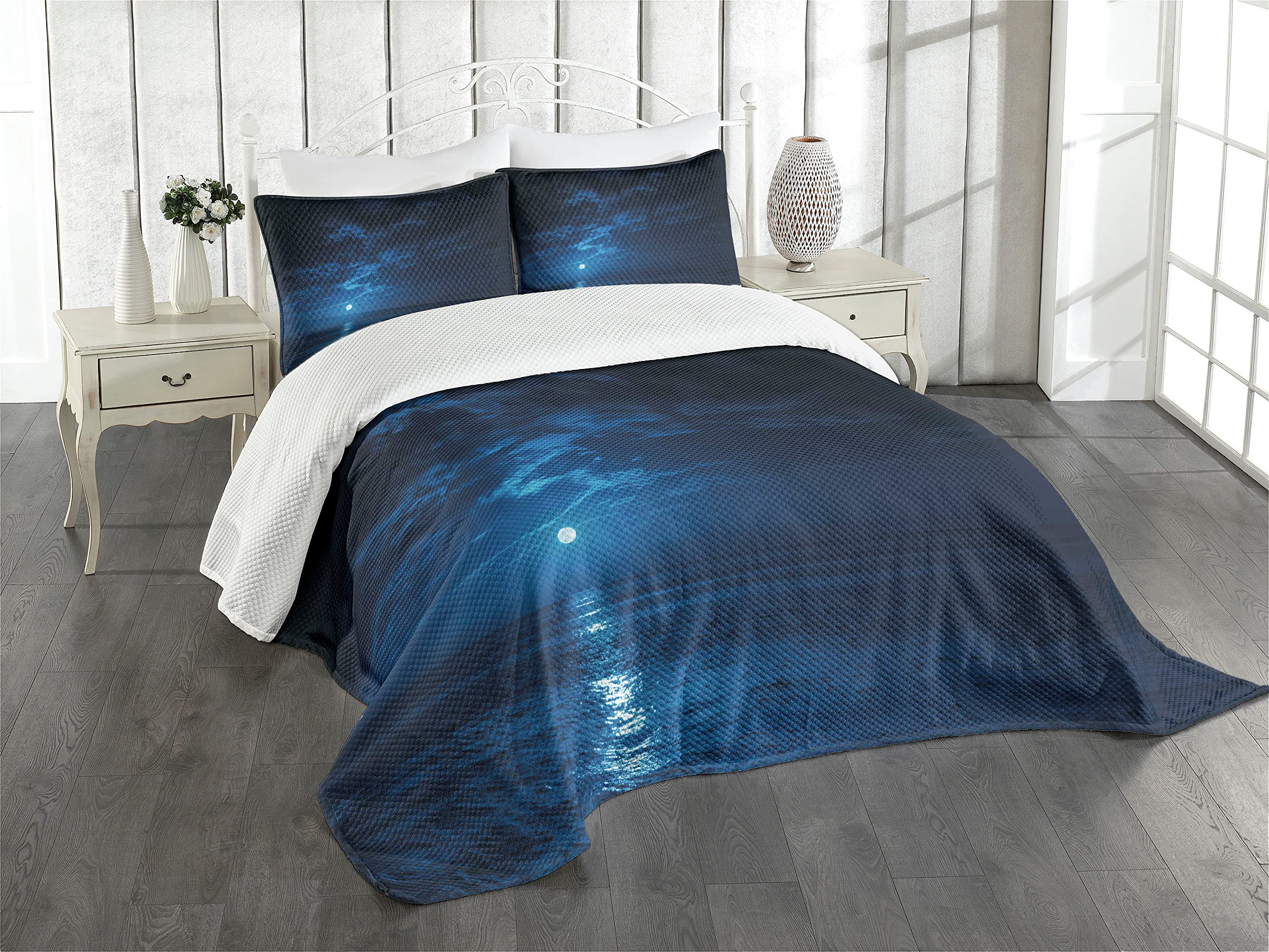 Colcha de cielo nocturno azul y olas del océano juego de colcha acolchada decorativa