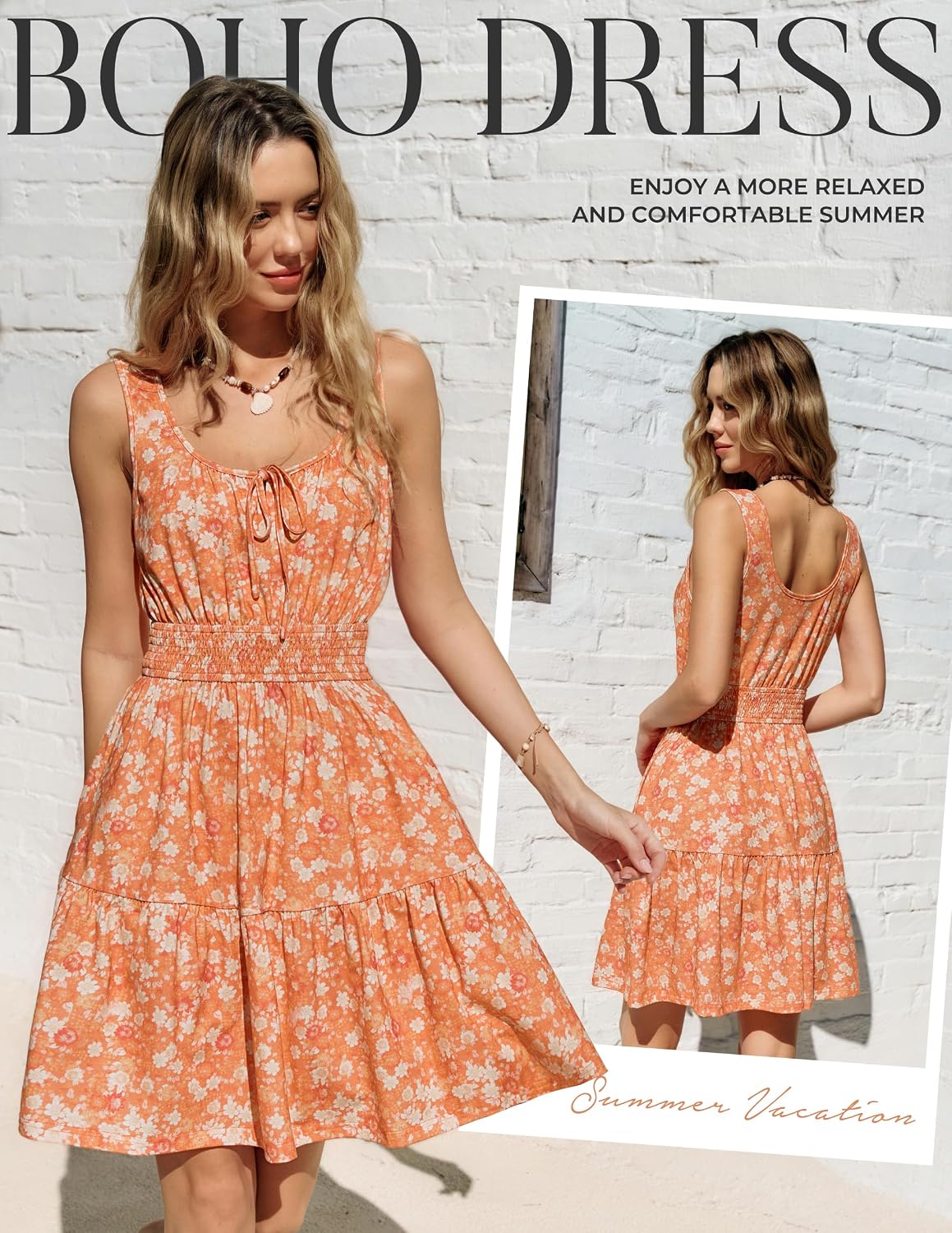 Kate Kasin Women Summer Floral Mini Dress 2026,Sleeveless Casual Elastic Waist Sundress,Flowy Tank Beach Dresses with Pockets