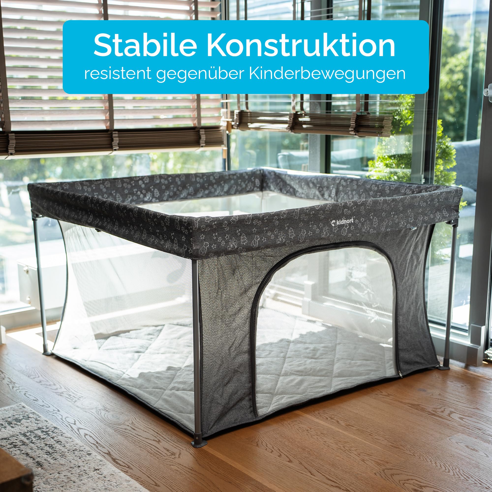 Snoen Laufstall Baby groß faltbar Indoor Outdoor sicheres Spielgitter für Kinder stabiles Laufgitter mit Netzseiten schneller Aufbau platzsparend für Zuhause Reise Dunkelgrau