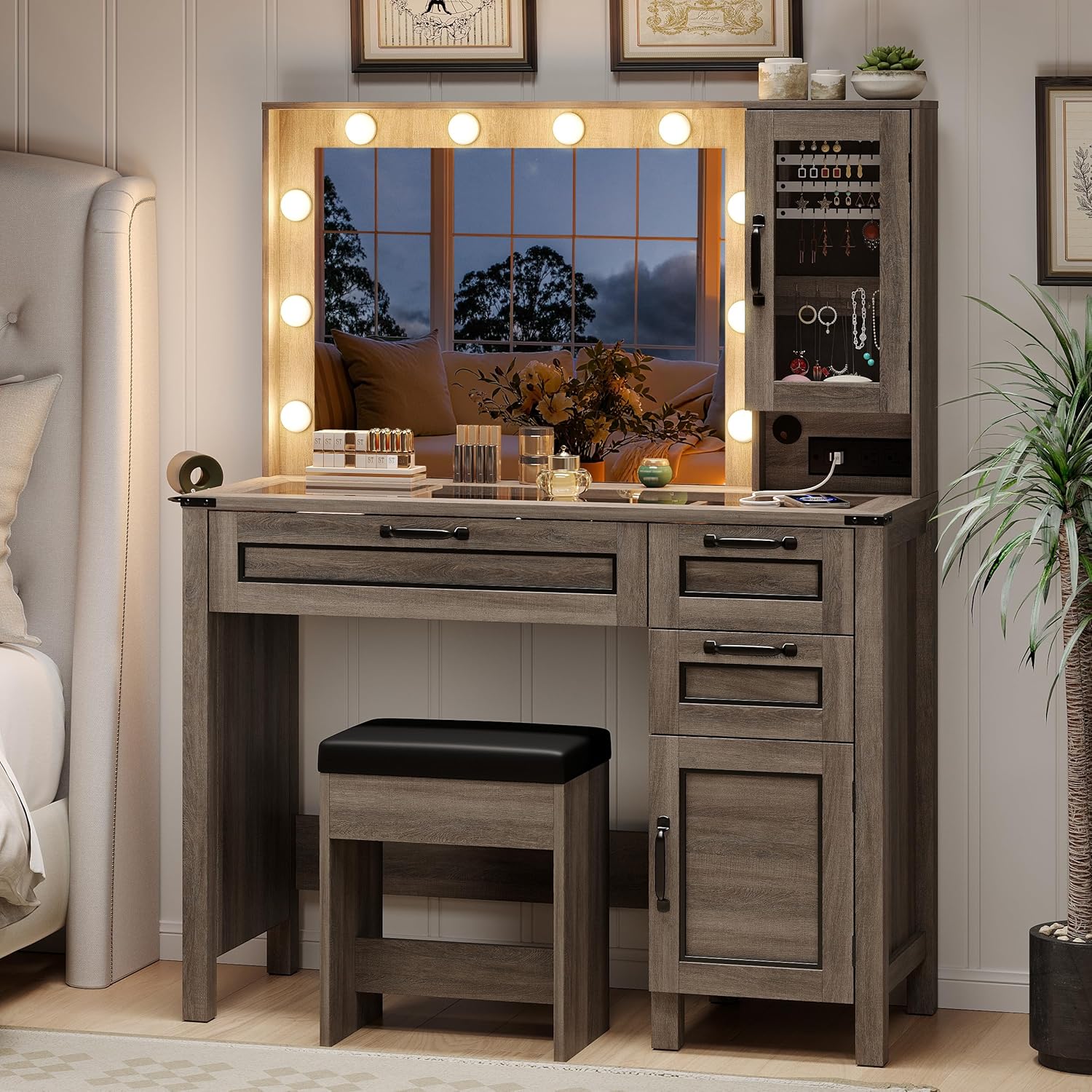Maupvit Vanity Desk with Mirror and Lights, Glass Top Makeup Vanity Table with Jewelry Organizer, Charging Station & Stool, Dresser Vanity Set with 3 Drawers, 2 Cabinets, 3 Lighting Modes (Grey)