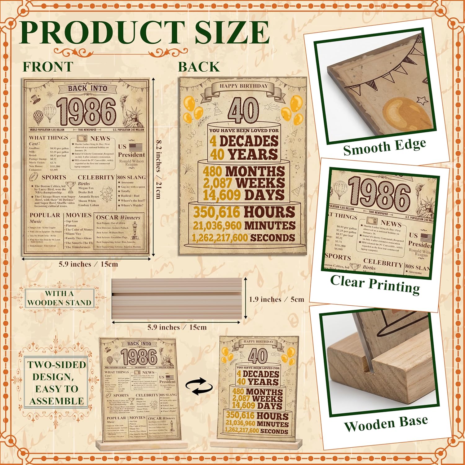 40th Birthday Decorations for Men and Women, Double-Sided Vintage 1986 Acrylic Table Sign with Stand, Unique 40th Birthday Gifts for Him and Her, 40 Year Old Anniversary Party Supplies Table Decor image 2