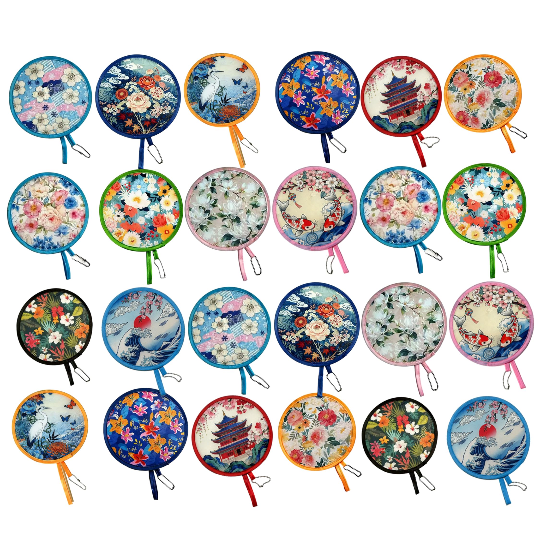Ginwrek folding fans handheld 24 Pcs Foldable Hand Fan, Portable Folding Fan With Polyester Fabric, Multi-style Designs For Daily Use, Parties & Decor