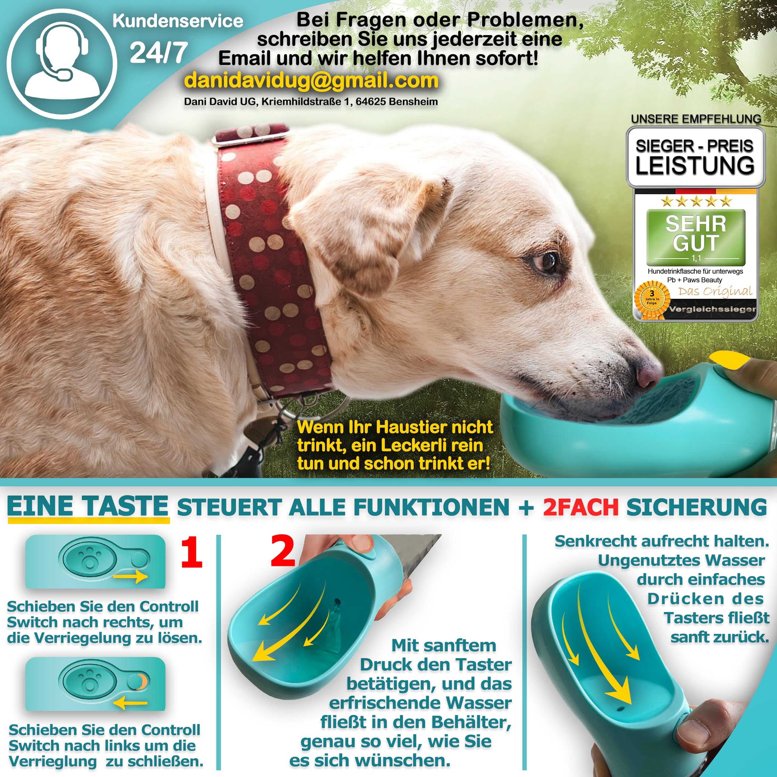 InnovaGoods Hundetrinkflasche - Auslaufsicher Mit Napf & AutoPump, BPA-frei 550ml