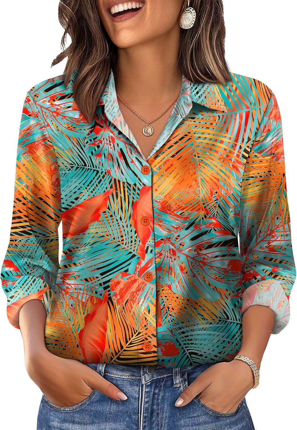 OFEEFAN Womens Button Down Shirts Long Sleeve Tops Silk Satin Blouses Business Casual Fashion Outfit - Image 2