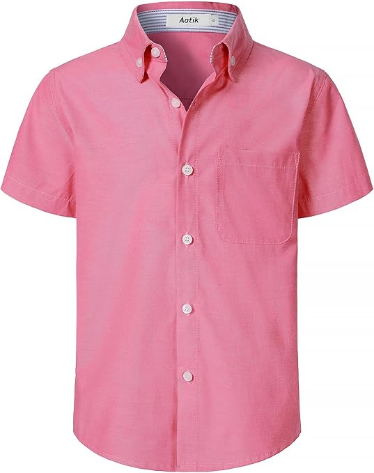 Boys Oxford Button Down Shirt Short Sleeve Formal Uniform Dress Shirts with Pocket
