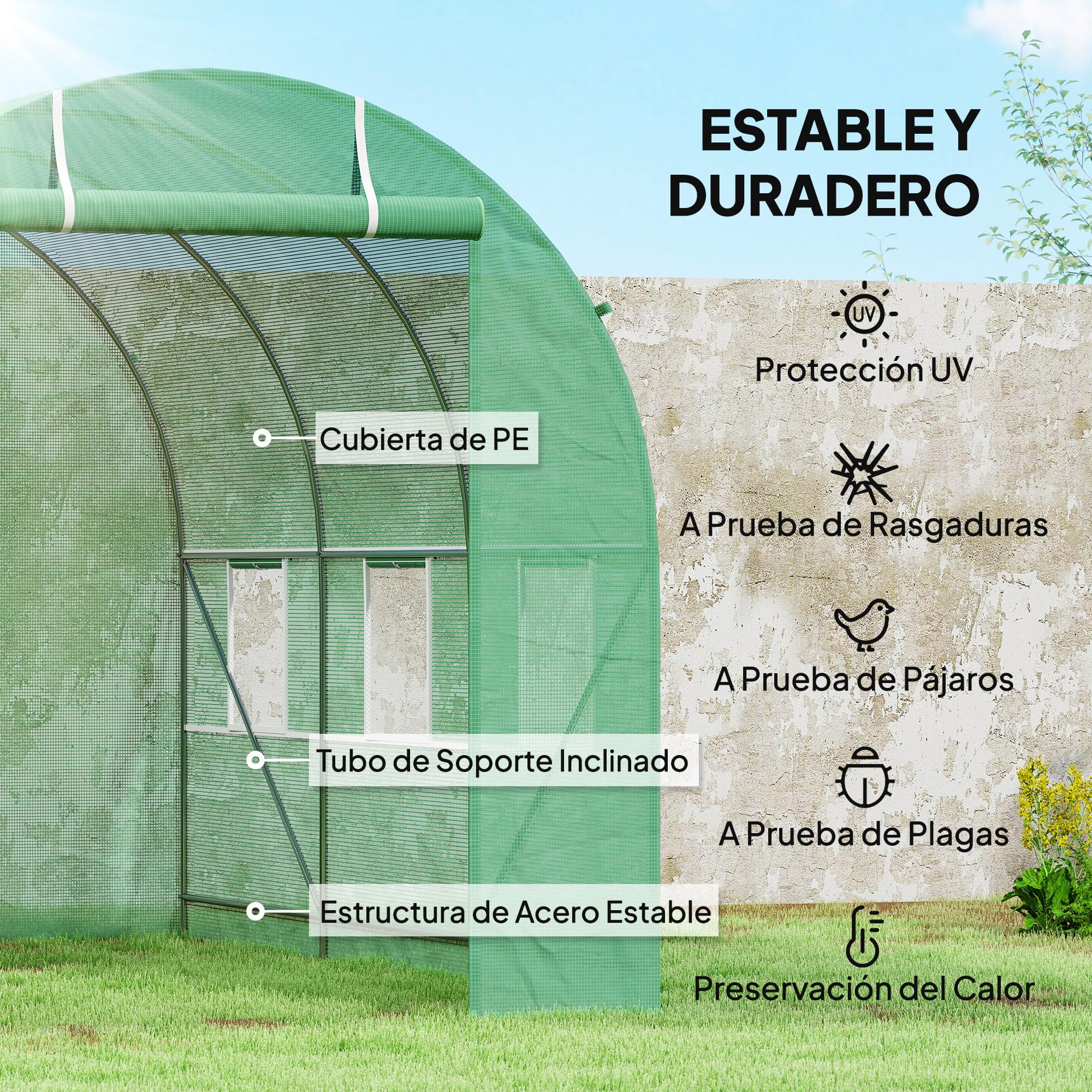 Outsunny Invernadero de Exterior 3,5x2x2 m Invernadero de Túnel con Cubierta de PE 140 g/m² para Cultivo Plantas Verduras Frutas en Jardín Terraza Verde