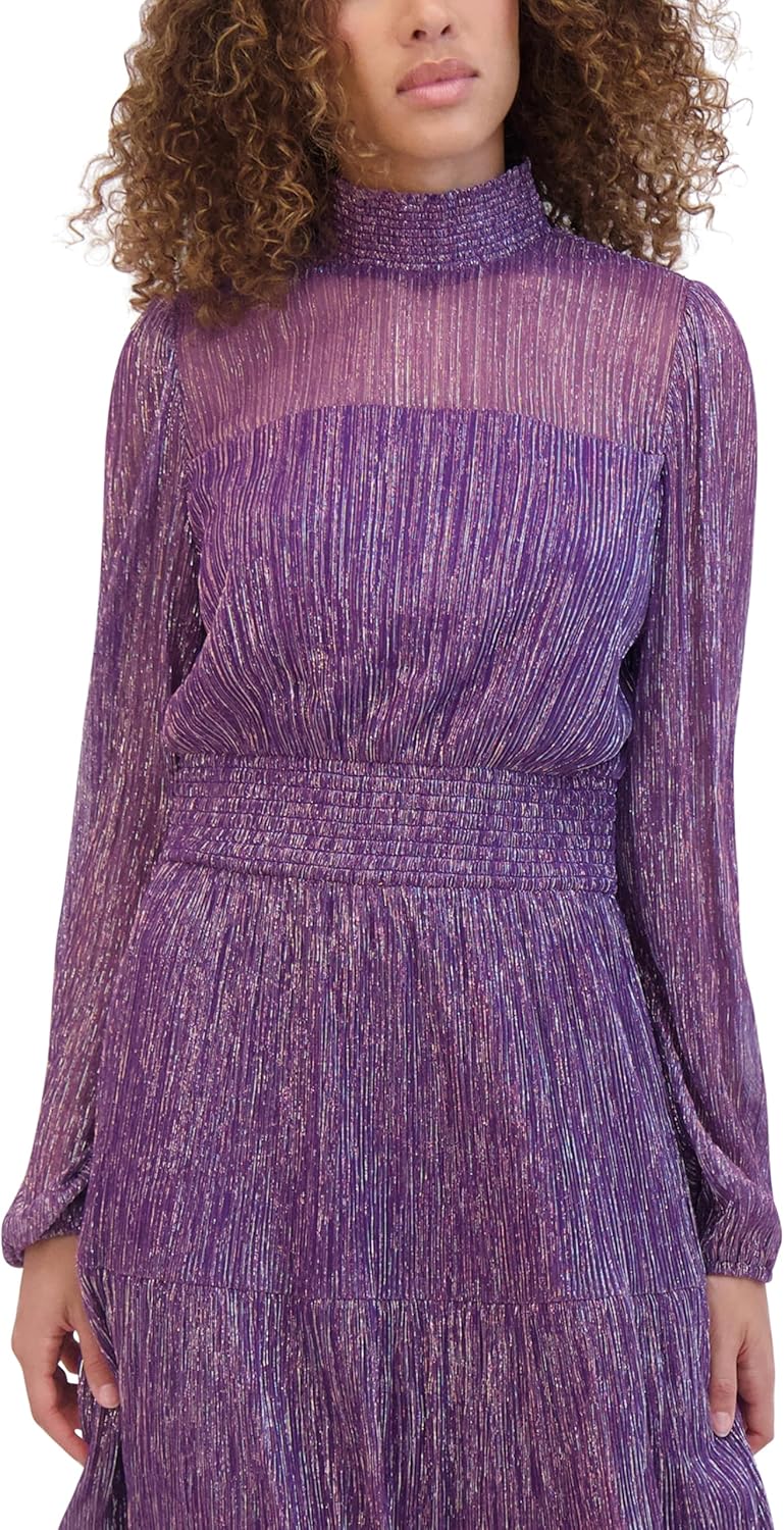 kensie Womens Balloon Sleeve Mock Neck Shimmer Mini Dress - Image 2