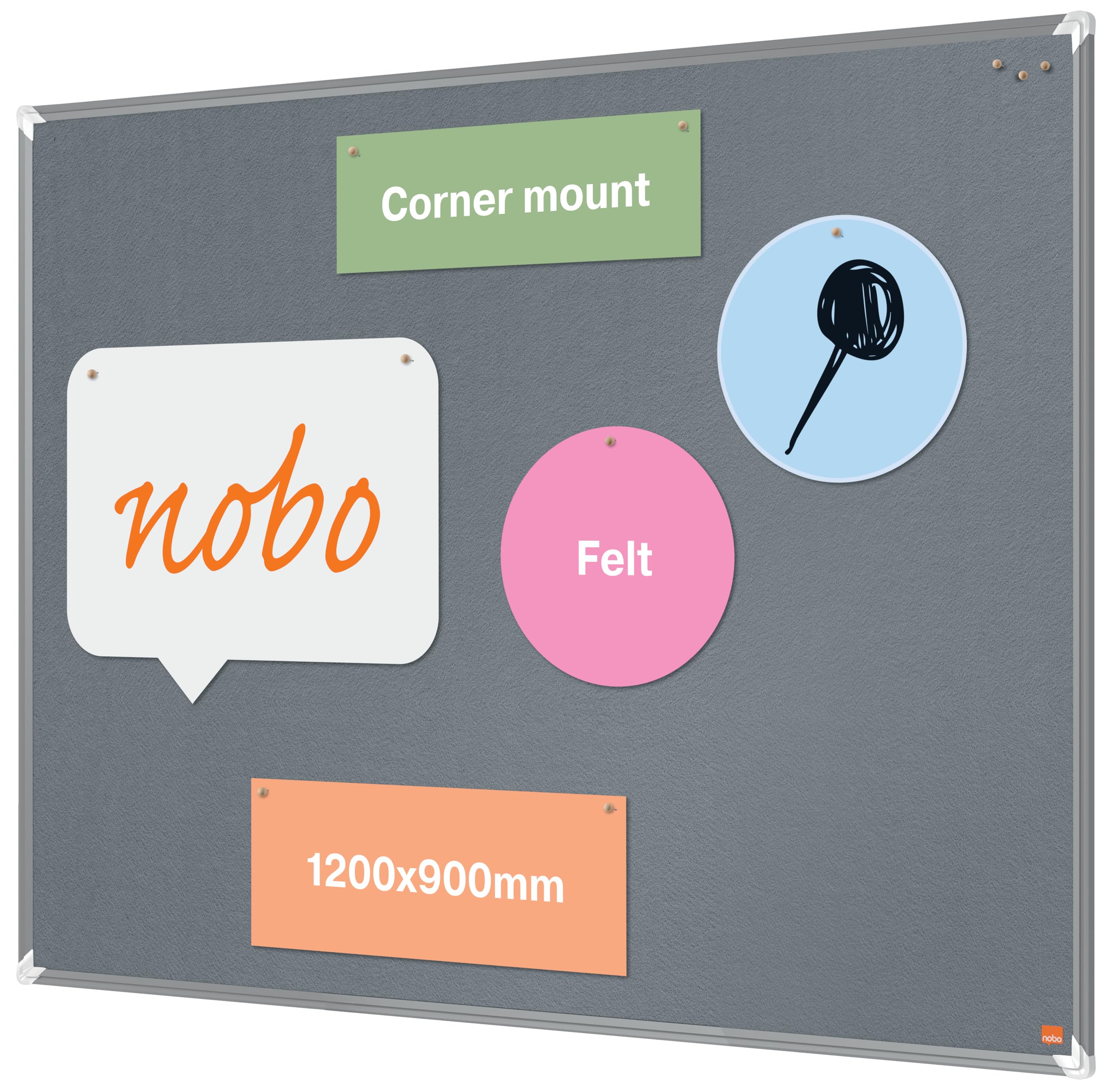 Nobo Filz-Notiztafel, 90 x 120 cm, Aluminiumrahmen, Traditionelle Eckmontage, Premium Plus, Grau, 1915196