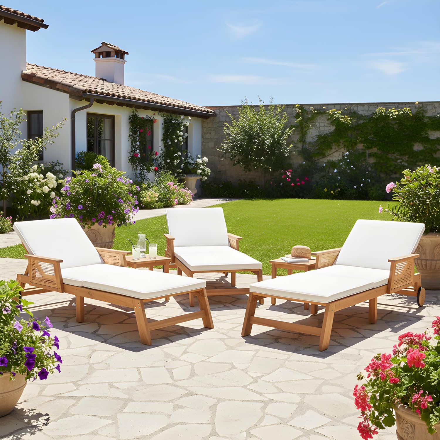 Merax 3-Pieces Retro Acacia Wood Outdoor Chaise Lounge with Wheels & 3-Position Adjustable Backrest, Vintage Wicker Sun Lounger with Plush Removable Cushion for Patio, Garden & Poolside, Acacia Wood