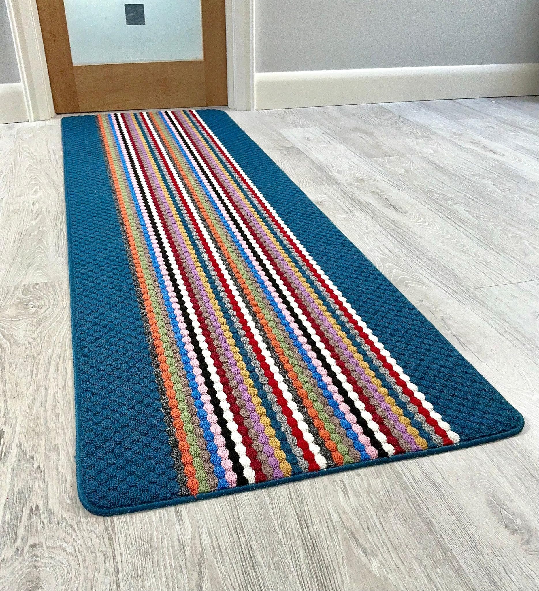RUGS SUPERSTORE Multi-Stripe Non-Slip Runner Rug, Navy Blue with Colourful Stripes, Washable, Rubber Back, Indoor Utility Mat (80x150cm)