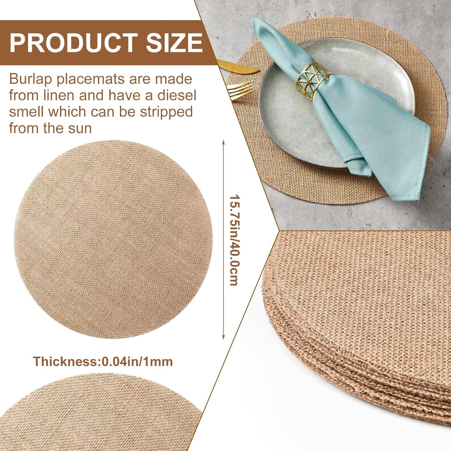 mifoci 100 pieces fall burlap placemats, burlap round reusable placemats brown table mats circle rustic table decorations for wedding christmas dinner holiday farmhouse supplies (15.75 inche)