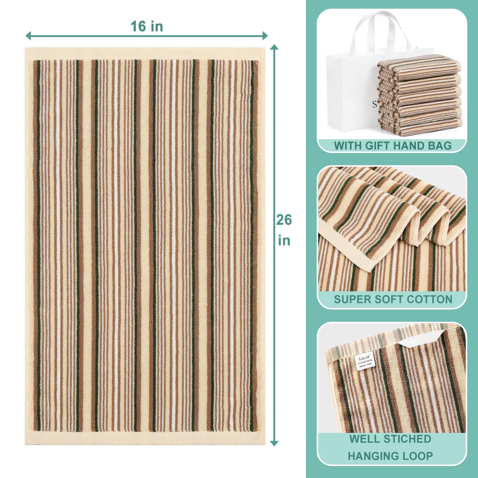 SALAS Paños de cocina de alta calidad para secar platos, paños de cocina grandes de algodón, toallas de mano de rizo a rayas, juegos de toallas de cocina gruesos altamente absorbentes con lazo para