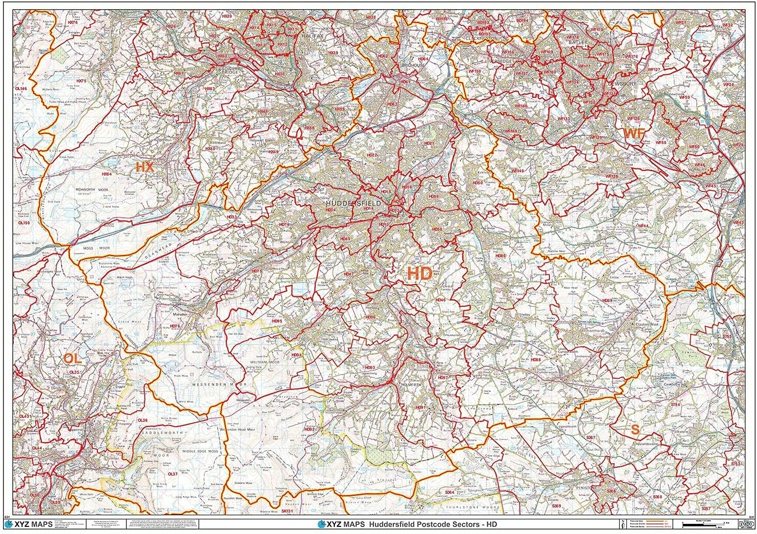Huddersfield HD Postcode Wall Map Paper Amazon.co.uk