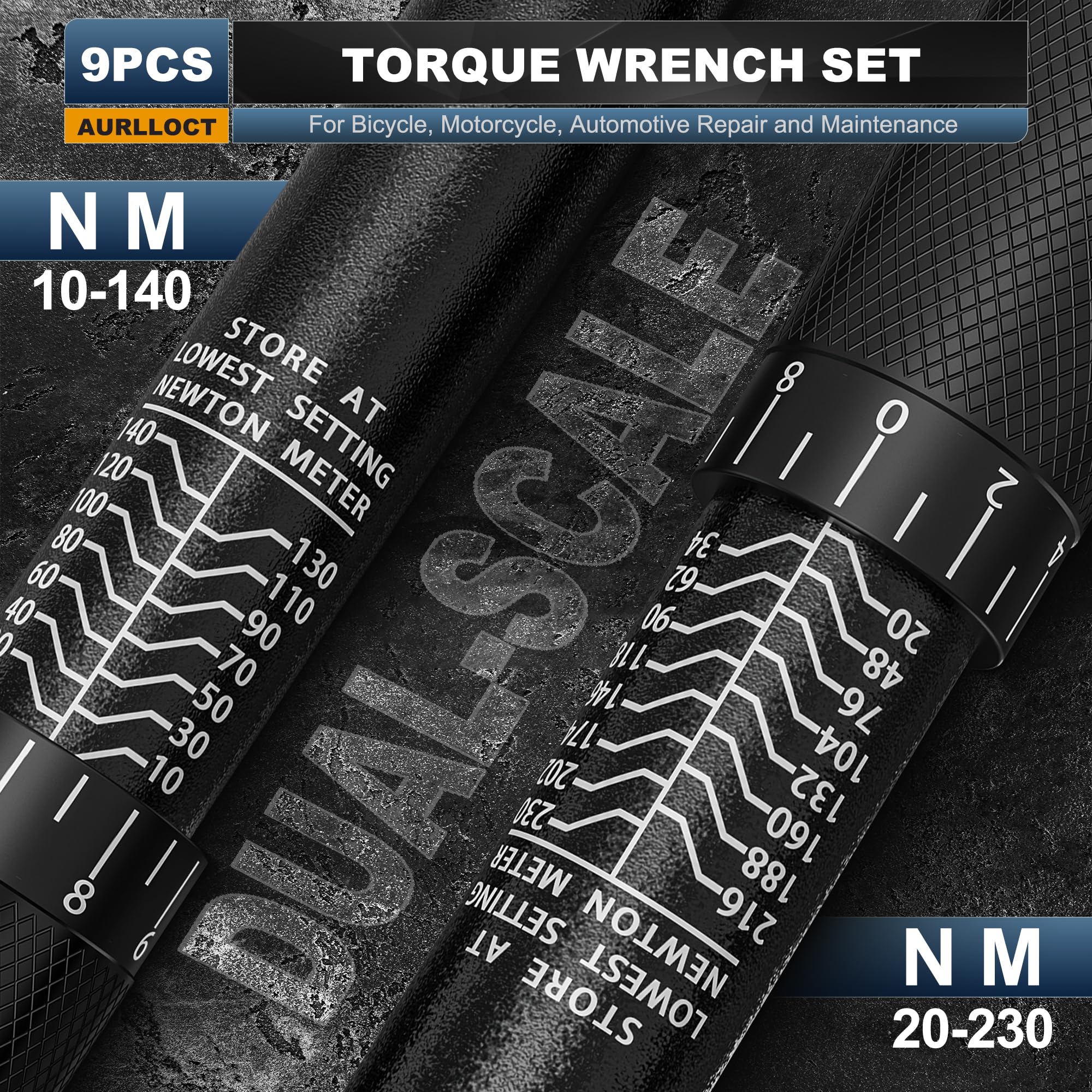 Juego de Llave Dinamométrica 1/4" & 3/8" & 1/2", Llaves Dinamométricas 5-55Nm, 10-140Nm, 20-230Nm, 72 Dientes Cabezal Reversible, para Bicicleta, Moto, Coche, 9 Piezas