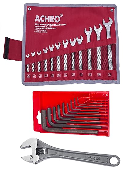 ACHRO P-922 Universal Tool Kit, Contains 12 Pcs Combination Spanner Set & 9 Pcs Allen Key Set, 8 Inch Adjustable Spanner Multipurpose Tool Kit Set (Set of 22 Pcs)