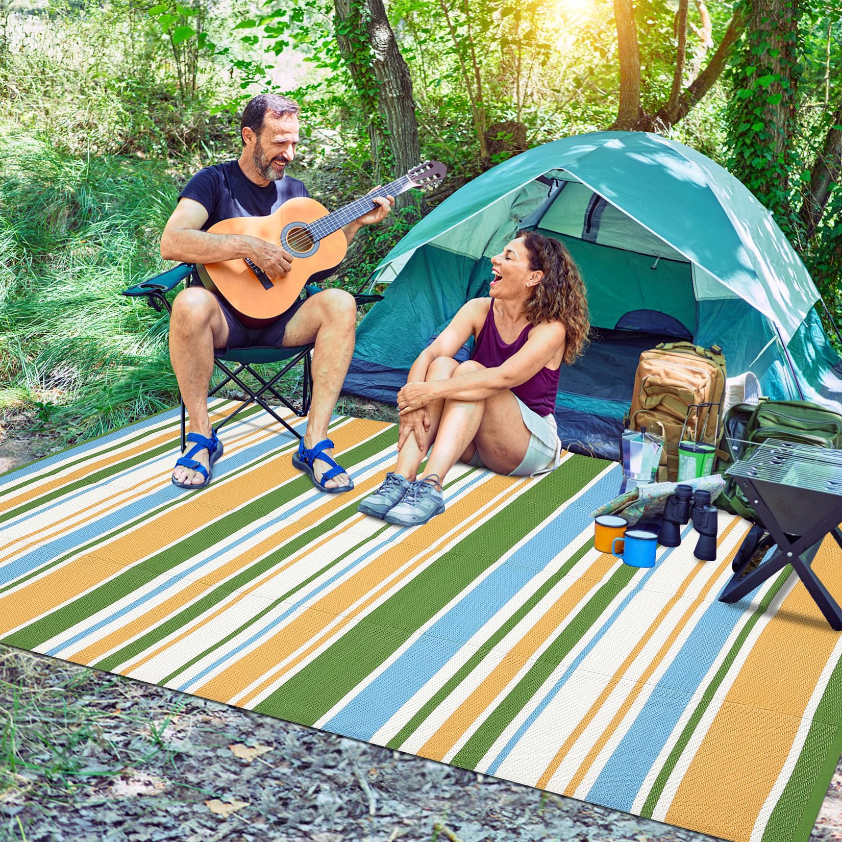 Garvee Tappeto Da Esterno in PP Intrecciato 320 Gsm - Reversibile, Impermeabile, Pieghevole e Leggero, Grande Tappeto Per Patio/Deck/Balcone/RV/Campeggio, Giallo/Blu/Verde/Bianco